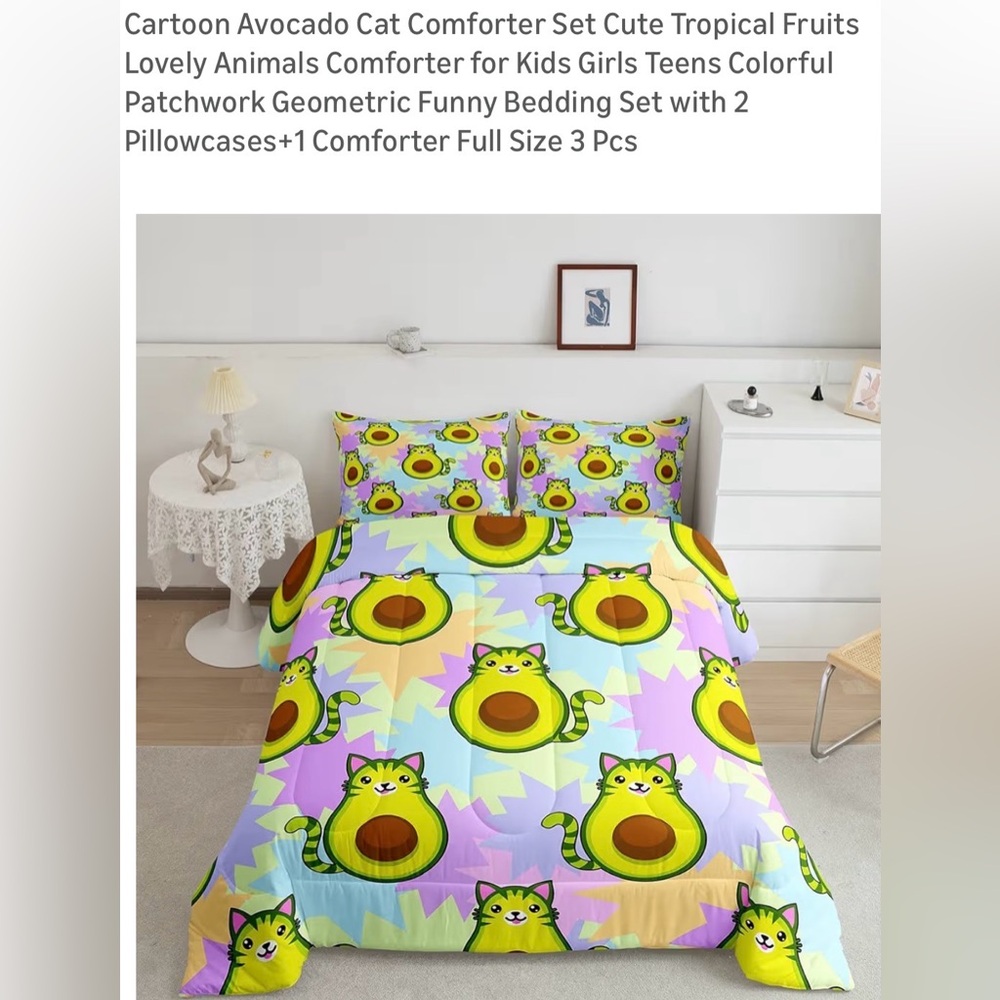 Colorful Avocado Cat Full Size Comforter and Sheet Set